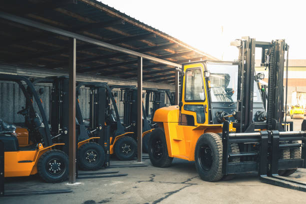 Rows of forklifts ready for hire in the equipment yard